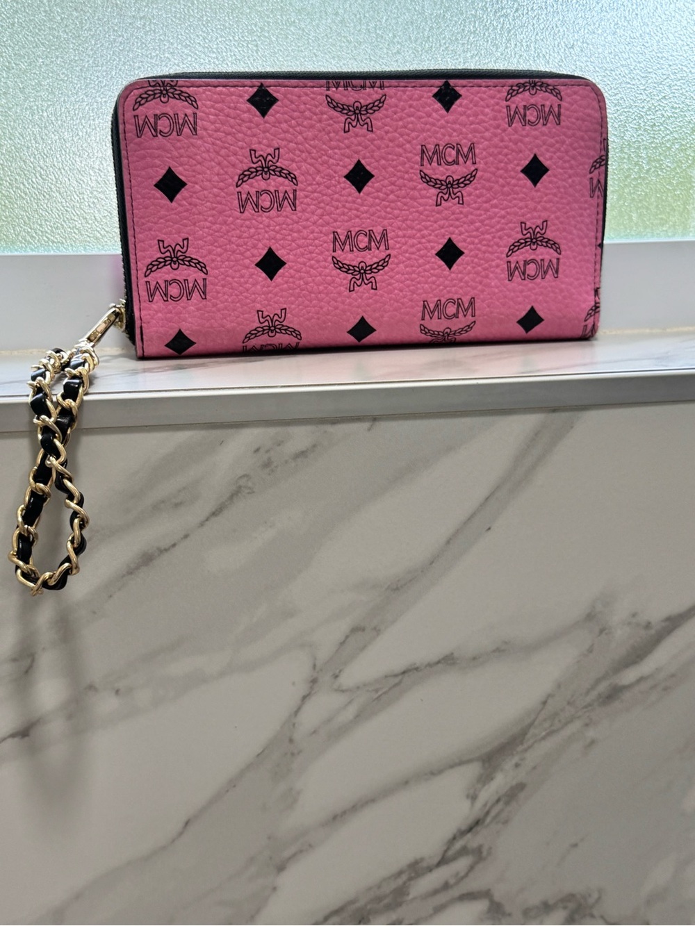 MCM Pink Logo Zip-Around Wallet Wristlet with Chain Strap
